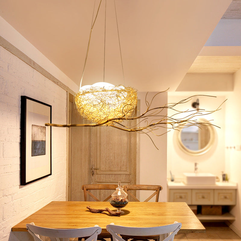 Kids Gold Pendant Light Branch Metal Chandelier with Bird Nest & Egg for Balcony Hallway Gold A Clearhalo 'Ceiling Lights' 'Chandeliers' 'Modern Chandeliers' 'Modern' Lighting' 1791100