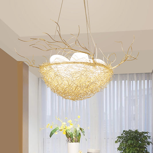 Kids Gold Pendant Light Branch Metal Chandelier with Bird Nest & Egg for Balcony Hallway Gold B Clearhalo 'Ceiling Lights' 'Chandeliers' 'Modern Chandeliers' 'Modern' Lighting' 1791105