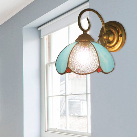 Tiffany Petal Shaped Sconce Light with Curved Arm 1 Light Glass Wall Light in Blue for Study Room Clearhalo 'Industrial' 'Middle century wall lights' 'Tiffany wall lights' 'Tiffany' 'Wall Lamps & Sconces' 'Wall Lights' Lighting' 179112