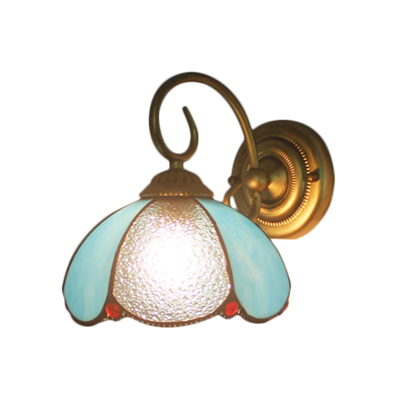 Tiffany Petal Shaped Sconce Light with Curved Arm 1 Light Glass Wall Light in Blue for Study Room Clearhalo 'Industrial' 'Middle century wall lights' 'Tiffany wall lights' 'Tiffany' 'Wall Lamps & Sconces' 'Wall Lights' Lighting' 179113