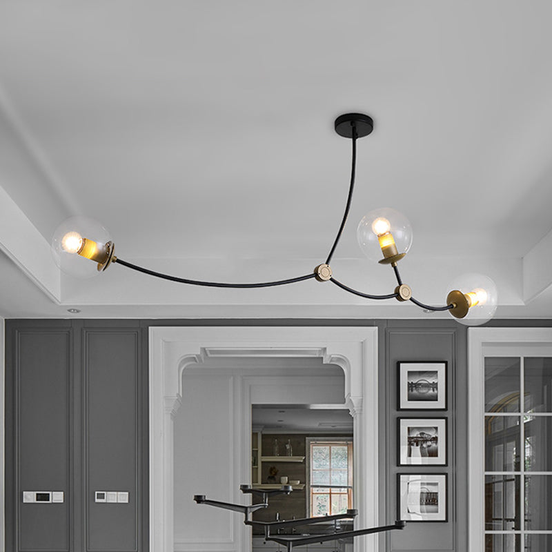 Metal Thin Twig Pendant Light with Ball Clear/Cream Glass Shade Living Room Creative Hanging Lamp in Black 3 Clear Clearhalo 'Ceiling Lights' 'Chandeliers' 'Clear' 'Industrial' 'Modern Chandeliers' 'Modern' 'Tiffany' 'Traditional Chandeliers' Lighting' 1791140