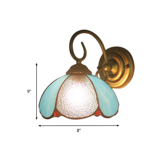 Tiffany Petal Shaped Sconce Light with Curved Arm 1 Light Glass Wall Light in Blue for Study Room Clearhalo 'Industrial' 'Middle century wall lights' 'Tiffany wall lights' 'Tiffany' 'Wall Lamps & Sconces' 'Wall Lights' Lighting' 179114