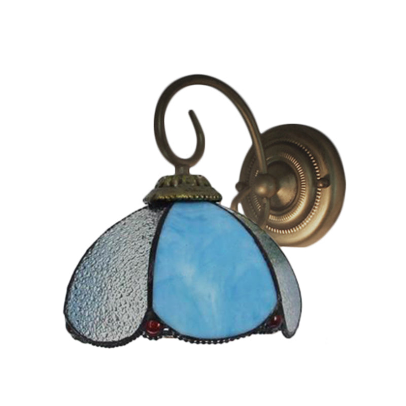Tiffany Petal Shaped Sconce Light with Curved Arm 1 Light Glass Wall Light in Blue for Study Room Clearhalo 'Industrial' 'Middle century wall lights' 'Tiffany wall lights' 'Tiffany' 'Wall Lamps & Sconces' 'Wall Lights' Lighting' 179115