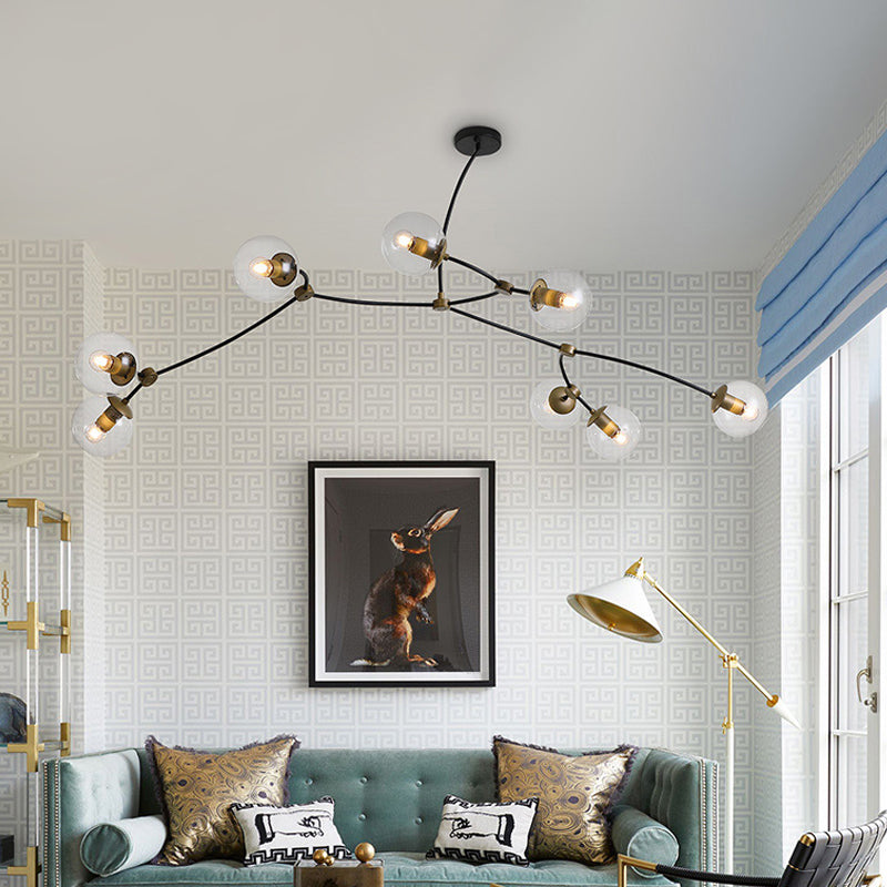 Metal Thin Twig Pendant Light with Ball Clear/Cream Glass Shade Living Room Creative Hanging Lamp in Black 8 Clear Clearhalo 'Ceiling Lights' 'Chandeliers' 'Clear' 'Industrial' 'Modern Chandeliers' 'Modern' 'Tiffany' 'Traditional Chandeliers' Lighting' 1791150