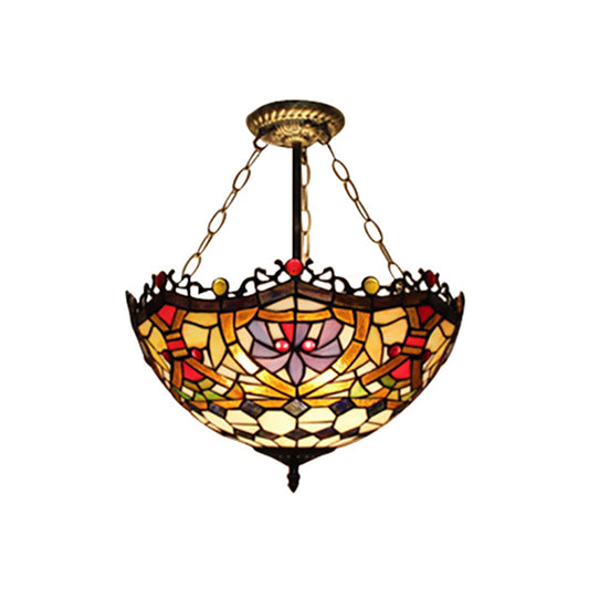 Dinging Room Bowl Semi Flush Ceiling Light Stained Glass Tiffany Victorian Inverted Ceiling Lamp in Orange-Purple Clearhalo 'Ceiling Lights' 'Close To Ceiling Lights' 'Close to ceiling' 'Glass shade' 'Glass' 'Semi-flushmount' 'Tiffany close to ceiling' 'Tiffany' Lighting' 179118