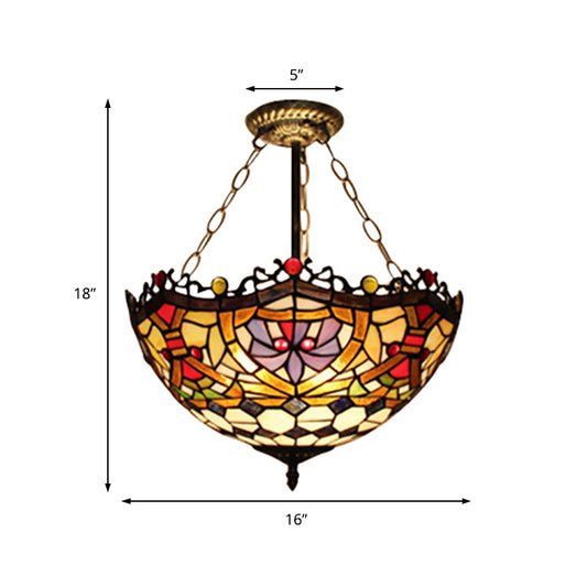 Dinging Room Bowl Semi Flush Ceiling Light Stained Glass Tiffany Victorian Inverted Ceiling Lamp in Orange-Purple Clearhalo 'Ceiling Lights' 'Close To Ceiling Lights' 'Close to ceiling' 'Glass shade' 'Glass' 'Semi-flushmount' 'Tiffany close to ceiling' 'Tiffany' Lighting' 179119