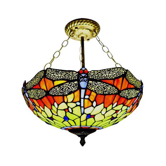 Rustic Tiffany Dragonfly Semi Ceiling Mount Light Stained Glass Ceiling Fixture for Hotel Clearhalo 'Ceiling Lights' 'Close To Ceiling Lights' 'Close to ceiling' 'Glass shade' 'Glass' 'Semi-flushmount' 'Tiffany close to ceiling' 'Tiffany' Lighting' 179122