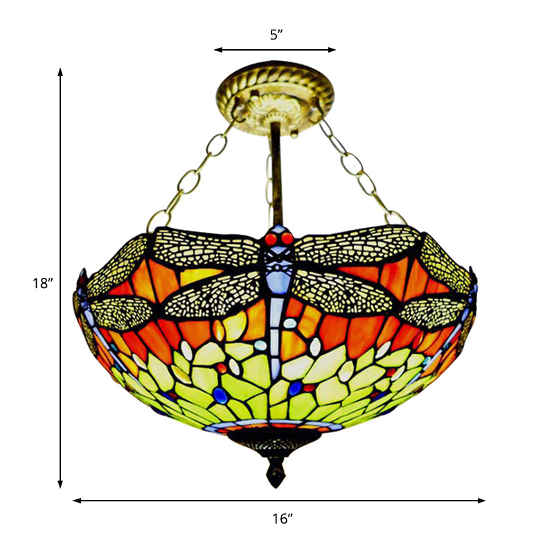 Rustic Tiffany Dragonfly Semi Ceiling Mount Light Stained Glass Ceiling Fixture for Hotel Clearhalo 'Ceiling Lights' 'Close To Ceiling Lights' 'Close to ceiling' 'Glass shade' 'Glass' 'Semi-flushmount' 'Tiffany close to ceiling' 'Tiffany' Lighting' 179123