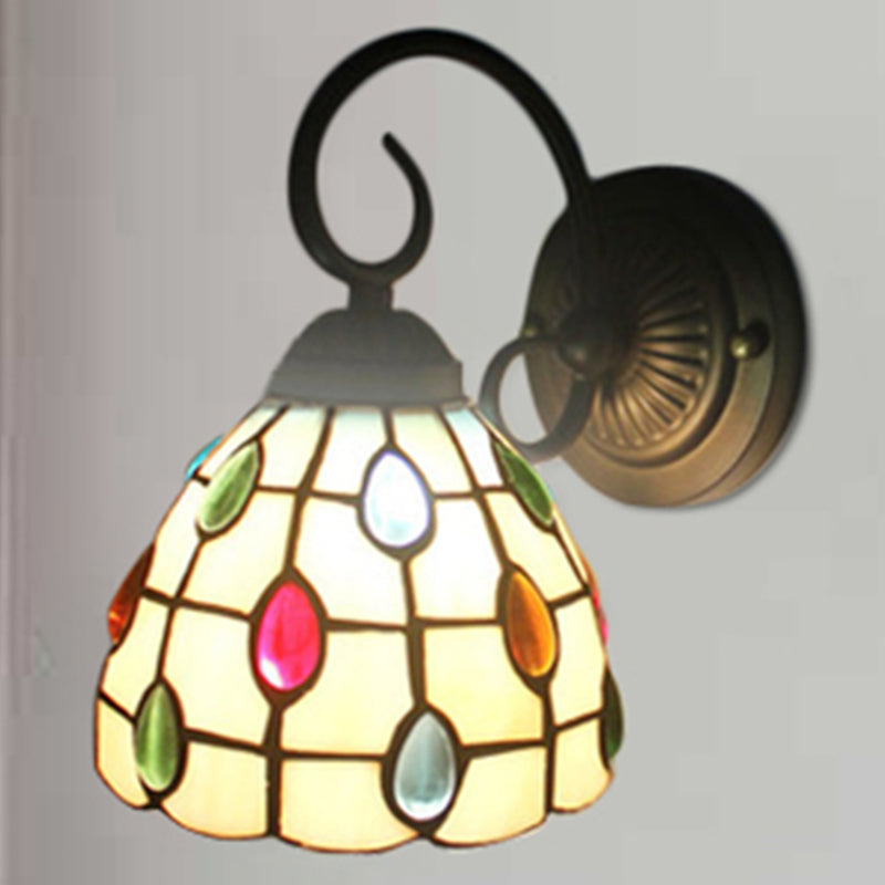 Tiffany Dome Wall Sconce with Colorful Jewelry Art Glass 1 Light Wall Light in Blue/Clear for Restaurant Clearhalo 'Industrial' 'Middle century wall lights' 'Tiffany wall lights' 'Tiffany' 'Wall Lamps & Sconces' 'Wall Lights' Lighting' 179125