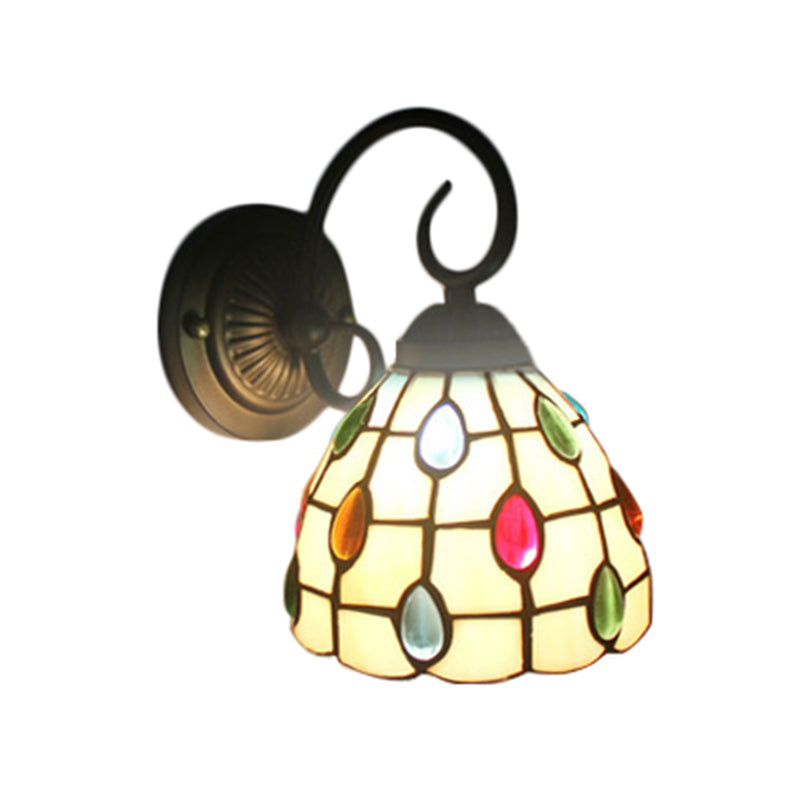 Tiffany Dome Wall Sconce with Colorful Jewelry Art Glass 1 Light Wall Light in Blue/Clear for Restaurant Clearhalo 'Industrial' 'Middle century wall lights' 'Tiffany wall lights' 'Tiffany' 'Wall Lamps & Sconces' 'Wall Lights' Lighting' 179126