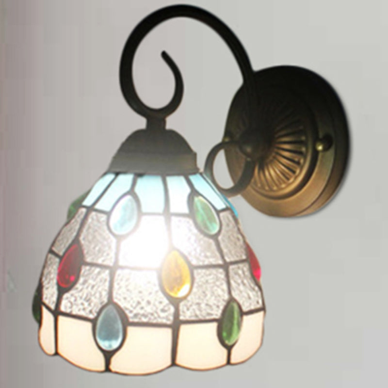 Tiffany Dome Wall Sconce with Colorful Jewelry Art Glass 1 Light Wall Light in Blue/Clear for Restaurant Clear Clearhalo 'Industrial' 'Middle century wall lights' 'Tiffany wall lights' 'Tiffany' 'Wall Lamps & Sconces' 'Wall Lights' Lighting' 179128