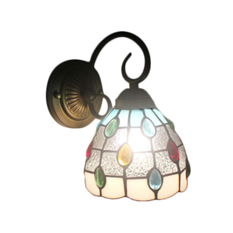 Tiffany Dome Wall Sconce with Colorful Jewelry Art Glass 1 Light Wall Light in Blue/Clear for Restaurant Clearhalo 'Industrial' 'Middle century wall lights' 'Tiffany wall lights' 'Tiffany' 'Wall Lamps & Sconces' 'Wall Lights' Lighting' 179129
