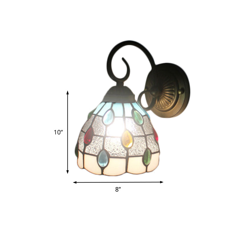 Tiffany Dome Wall Sconce with Colorful Jewelry Art Glass 1 Light Wall Light in Blue/Clear for Restaurant Clearhalo 'Industrial' 'Middle century wall lights' 'Tiffany wall lights' 'Tiffany' 'Wall Lamps & Sconces' 'Wall Lights' Lighting' 179130