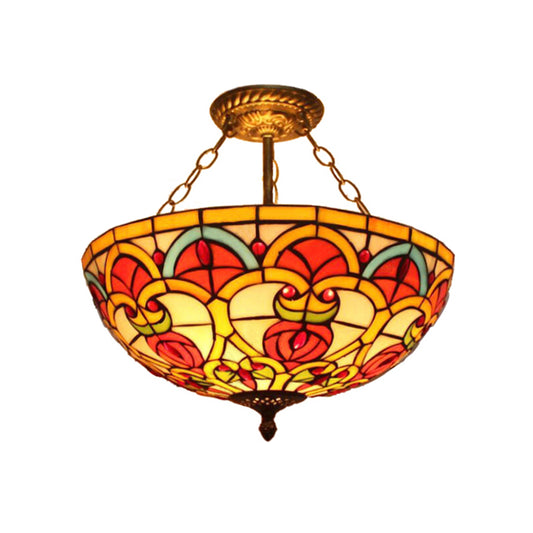 Tiffany Baroque Bowl Ceiling Light Stained Glass Inverted Semi Flush Mount Light in Green/Red for Villa Clearhalo 'Ceiling Lights' 'Close To Ceiling Lights' 'Close to ceiling' 'Glass shade' 'Glass' 'Pendant Lights' 'Semi-flushmount' 'Tiffany close to ceiling' 'Tiffany' Lighting' 179138