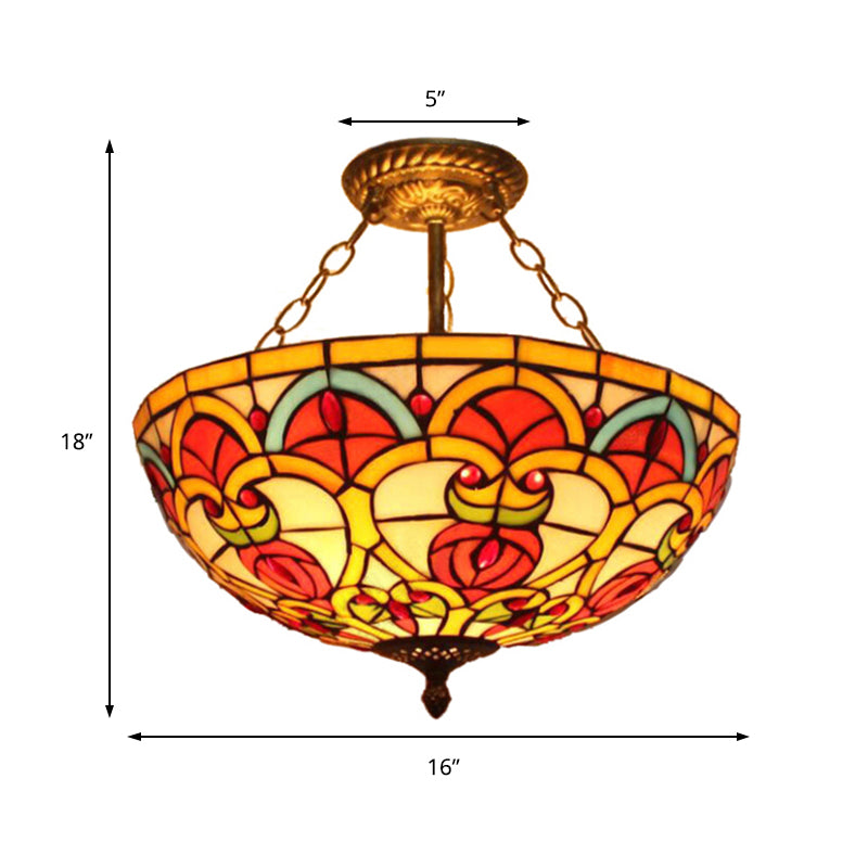 Tiffany Baroque Bowl Ceiling Light Stained Glass Inverted Semi Flush Mount Light in Green/Red for Villa Clearhalo 'Ceiling Lights' 'Close To Ceiling Lights' 'Close to ceiling' 'Glass shade' 'Glass' 'Pendant Lights' 'Semi-flushmount' 'Tiffany close to ceiling' 'Tiffany' Lighting' 179139