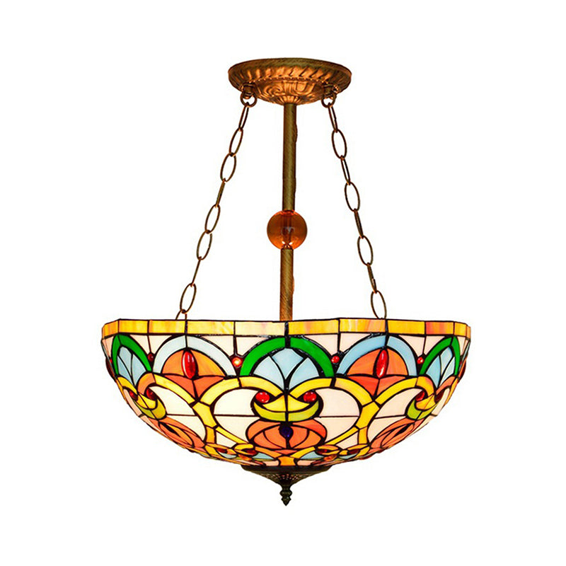 Tiffany Baroque Bowl Ceiling Light Stained Glass Inverted Semi Flush Mount Light in Green/Red for Villa Clearhalo 'Ceiling Lights' 'Close To Ceiling Lights' 'Close to ceiling' 'Glass shade' 'Glass' 'Pendant Lights' 'Semi-flushmount' 'Tiffany close to ceiling' 'Tiffany' Lighting' 179141