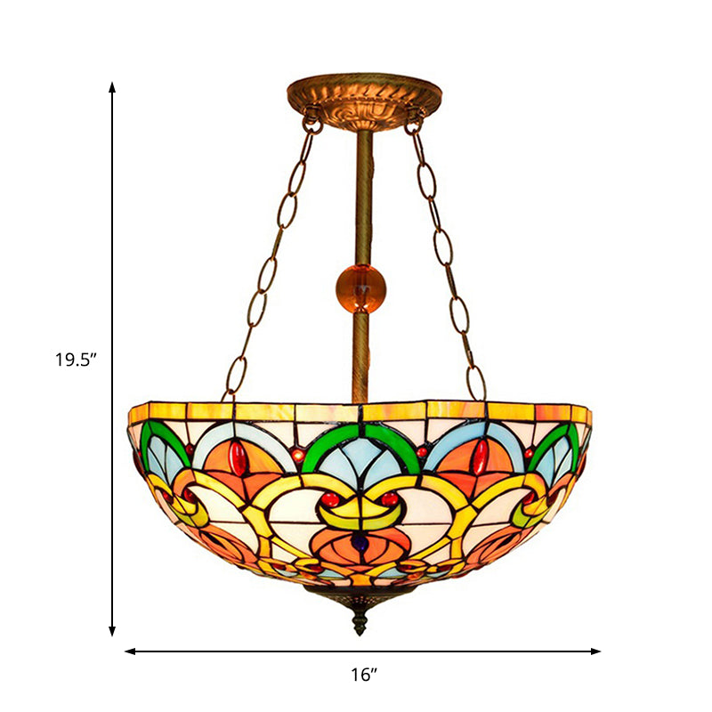 Tiffany Baroque Bowl Ceiling Light Stained Glass Inverted Semi Flush Mount Light in Green/Red for Villa Clearhalo 'Ceiling Lights' 'Close To Ceiling Lights' 'Close to ceiling' 'Glass shade' 'Glass' 'Pendant Lights' 'Semi-flushmount' 'Tiffany close to ceiling' 'Tiffany' Lighting' 179142