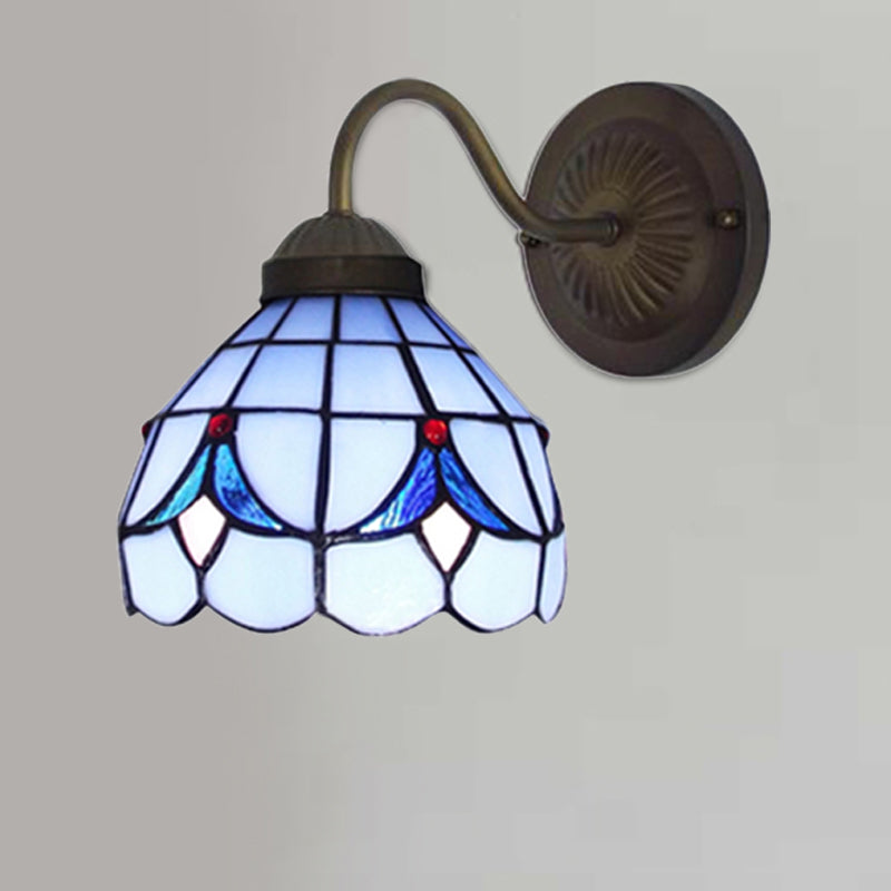 1 Head Flower Sconce Light Fixture Tiffany White/Blue Glass Wall Mounted Light for Bedroom Clearhalo 'Industrial' 'Middle century wall lights' 'Tiffany wall lights' 'Tiffany' 'Wall Lamps & Sconces' 'Wall Lights' Lighting' 179144