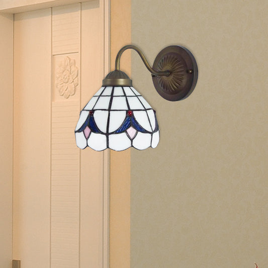 1 Head Flower Sconce Light Fixture Tiffany White/Blue Glass Wall Mounted Light for Bedroom White Clearhalo 'Industrial' 'Middle century wall lights' 'Tiffany wall lights' 'Tiffany' 'Wall Lamps & Sconces' 'Wall Lights' Lighting' 179147