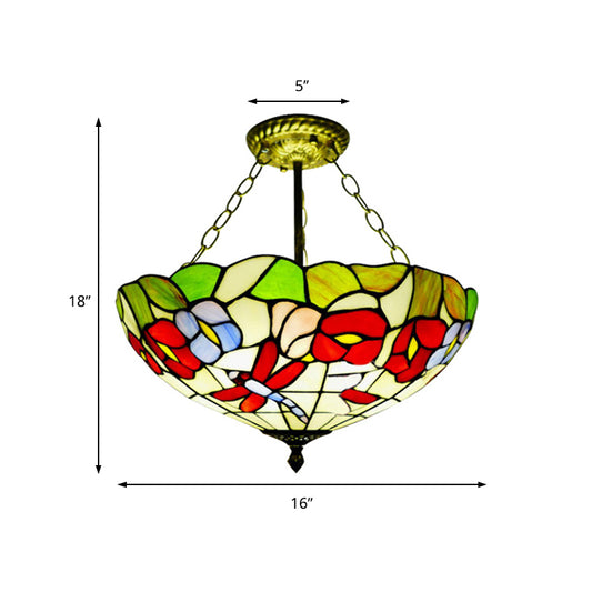 Colorful Blossom Dragonfly Ceiling Light Traditional Tiffany Semi Ceiling Mount Light for Kitchen Clearhalo 'Ceiling Lights' 'Close To Ceiling Lights' 'Close to ceiling' 'Glass shade' 'Glass' 'Semi-flushmount' 'Tiffany close to ceiling' 'Tiffany' Lighting' 179154