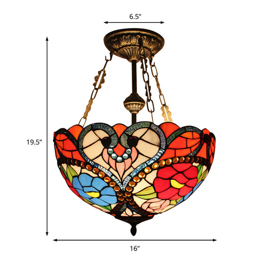 Stained Glass Blossom Semi Flush Mount Light Hotel Tiffany Elegant Ceiling Lamp with Bead Clearhalo 'Ceiling Lights' 'Close To Ceiling Lights' 'Close to ceiling' 'Glass shade' 'Glass' 'Semi-flushmount' 'Tiffany close to ceiling' 'Tiffany' Lighting' 179163