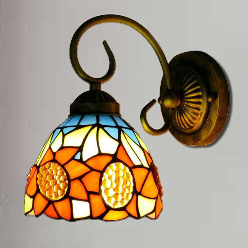Sunflower Orange Glass Sconce Lighting Victorian 1 Head Bronze Wall Mounted Light, 6"/8" Wide Clearhalo 'Industrial' 'Middle century wall lights' 'Tiffany wall lights' 'Tiffany' 'Wall Lamps & Sconces' 'Wall Lights' Lighting' 179166