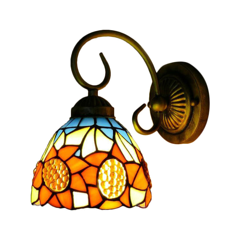 Sunflower Orange Glass Sconce Lighting Victorian 1 Head Bronze Wall Mounted Light, 6"/8" Wide Clearhalo 'Industrial' 'Middle century wall lights' 'Tiffany wall lights' 'Tiffany' 'Wall Lamps & Sconces' 'Wall Lights' Lighting' 179167