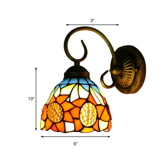 Sunflower Orange Glass Sconce Lighting Victorian 1 Head Bronze Wall Mounted Light, 6"/8" Wide Clearhalo 'Industrial' 'Middle century wall lights' 'Tiffany wall lights' 'Tiffany' 'Wall Lamps & Sconces' 'Wall Lights' Lighting' 179168