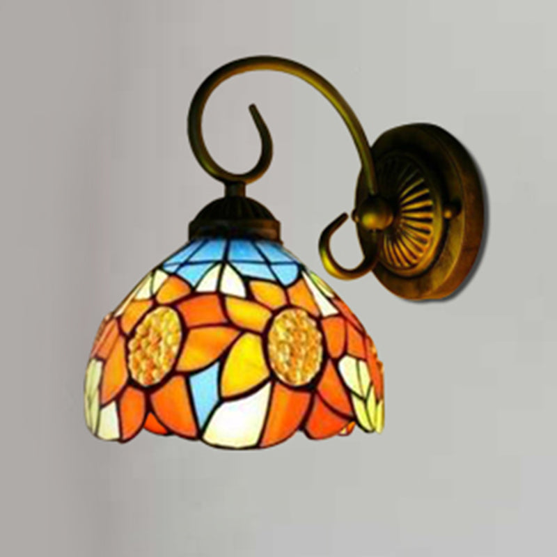 Sunflower Orange Glass Sconce Lighting Victorian 1 Head Bronze Wall Mounted Light, 6"/8" Wide Orange 8" Clearhalo 'Industrial' 'Middle century wall lights' 'Tiffany wall lights' 'Tiffany' 'Wall Lamps & Sconces' 'Wall Lights' Lighting' 179169