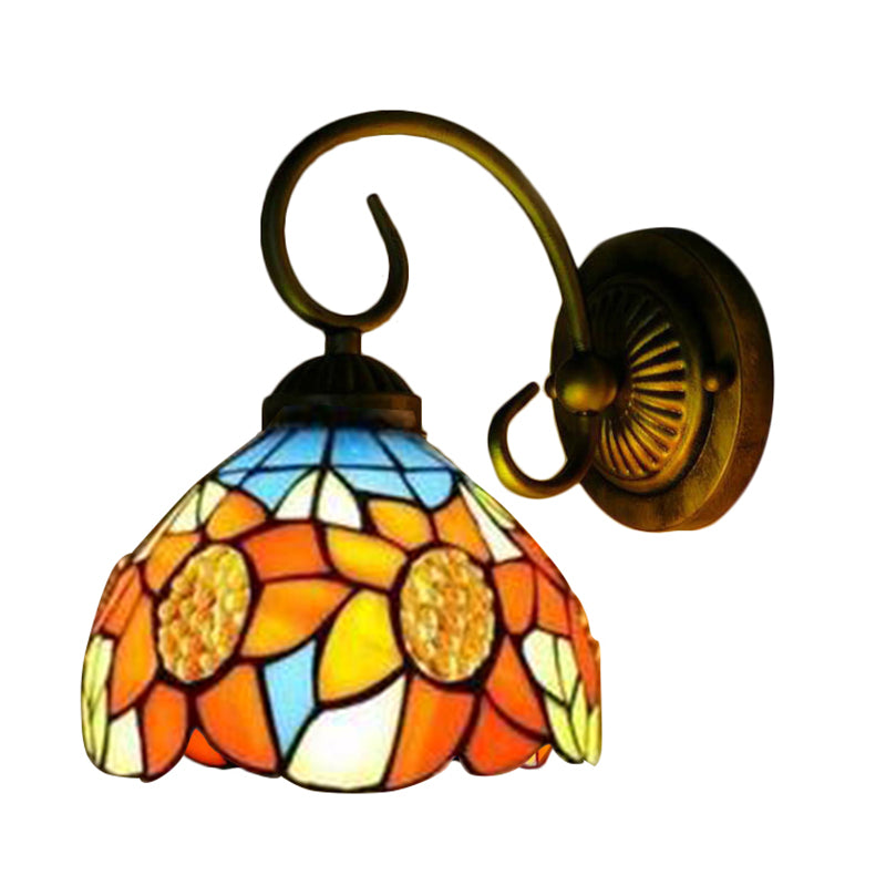 Sunflower Orange Glass Sconce Lighting Victorian 1 Head Bronze Wall Mounted Light, 6"/8" Wide Clearhalo 'Industrial' 'Middle century wall lights' 'Tiffany wall lights' 'Tiffany' 'Wall Lamps & Sconces' 'Wall Lights' Lighting' 179170