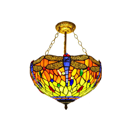 Lodge Dragonfly Semi Flush Ceiling Light Stained Glass Tiffany Rustic Orange/Yellow Ceiling Lamp for Cloth Shop Clearhalo 'Ceiling Lights' 'Close To Ceiling Lights' 'Close to ceiling' 'Glass shade' 'Glass' 'Semi-flushmount' 'Tiffany close to ceiling' 'Tiffany' Lighting' 179174