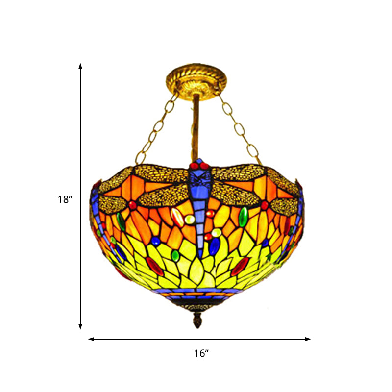 Lodge Dragonfly Semi Flush Ceiling Light Stained Glass Tiffany Rustic Orange/Yellow Ceiling Lamp for Cloth Shop Clearhalo 'Ceiling Lights' 'Close To Ceiling Lights' 'Close to ceiling' 'Glass shade' 'Glass' 'Semi-flushmount' 'Tiffany close to ceiling' 'Tiffany' Lighting' 179175