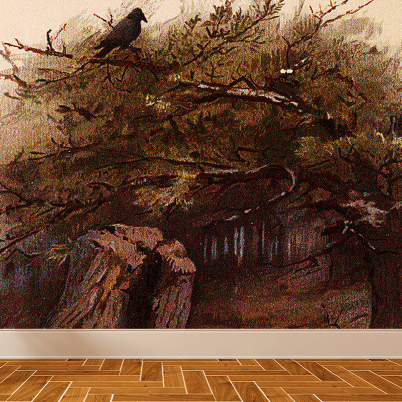 Large Woodland and Bird Mural Wallpaper Modern Luxuriant Forest Wall Decor in Brown Brown Clearhalo 'Wall Decor' 'Wall Mural' 1791777