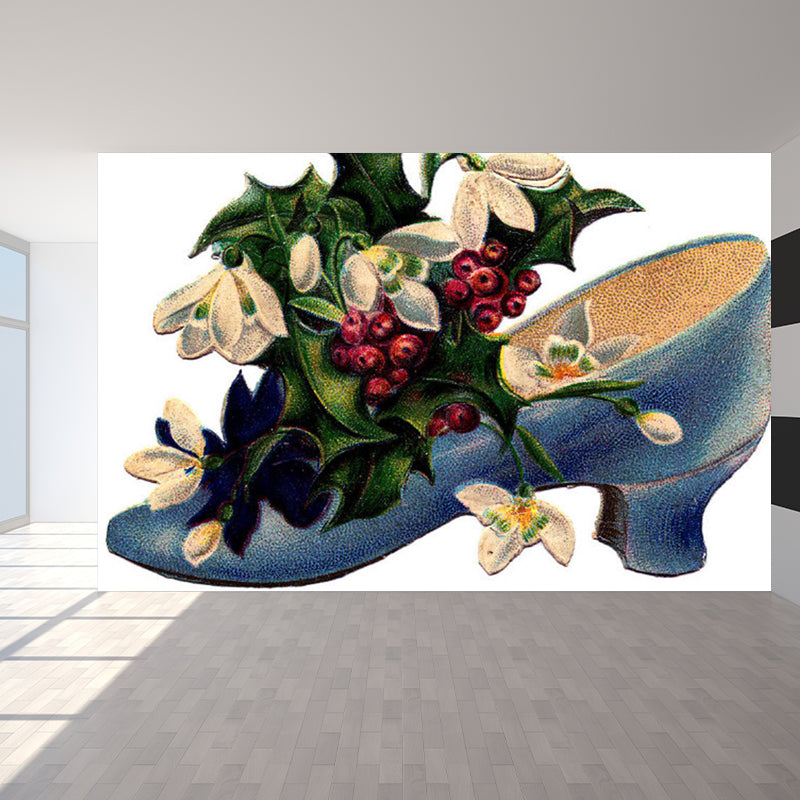 Illustration Flower and Shoe Mural Covering for Living Room, Green, Personalized Green Clearhalo 'Wall Decor' 'Wall Mural' 1791807