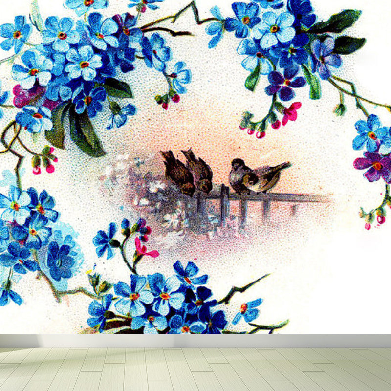 Big Flowers and Bird Mural Wallpaper Decorative Modern Girls Bedroom Wall Covering Blue Clearhalo 'Wall Decor' 'Wall Mural' 1791812