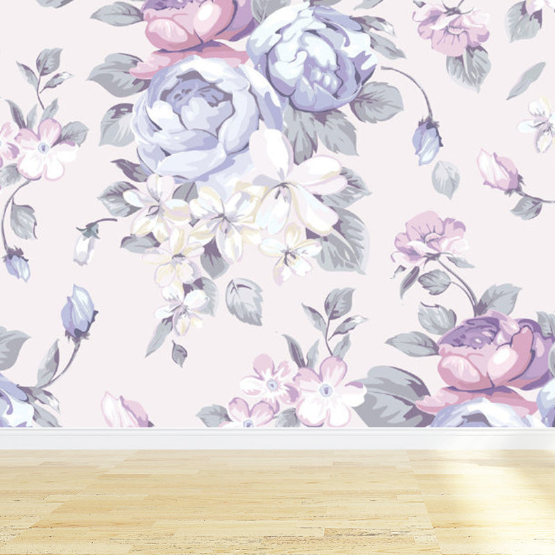 Purple Flower Print Mural Wallpaper Florentine Contemporary Stain Resistant Wall Art Purple Clearhalo 'Wall Decor' 'Wall Mural' 1791827
