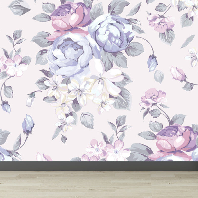 Purple Flower Print Mural Wallpaper Florentine Contemporary Stain Resistant Wall Art Clearhalo 'Wall Decor' 'Wall Mural' 1791829