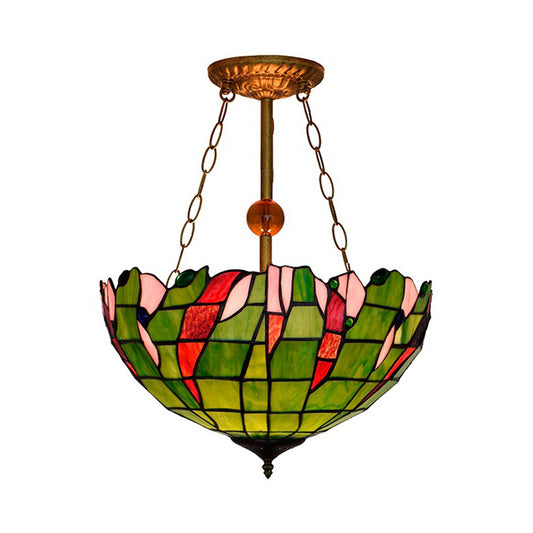 Lattice Bowl Inverted Ceiling Light Tiffany Rustic Art Glass Semi Flush Mount Light in Green for Living Room Clearhalo 'Ceiling Lights' 'Close To Ceiling Lights' 'Close to ceiling' 'Glass shade' 'Glass' 'Semi-flushmount' 'Tiffany close to ceiling' 'Tiffany' Lighting' 179185