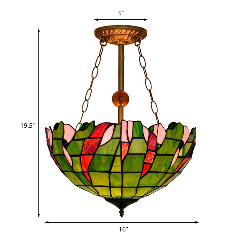 Lattice Bowl Inverted Ceiling Light Tiffany Rustic Art Glass Semi Flush Mount Light in Green for Living Room Clearhalo 'Ceiling Lights' 'Close To Ceiling Lights' 'Close to ceiling' 'Glass shade' 'Glass' 'Semi-flushmount' 'Tiffany close to ceiling' 'Tiffany' Lighting' 179186