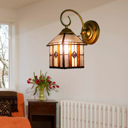 Bedroom Hanging House Wall Sconce Art Glass 1 Head Tiffany Creative Wall Light with Curved Arm in Brass Clear Clearhalo 'Industrial' 'Middle century wall lights' 'Tiffany wall lights' 'Tiffany' 'Wall Lamps & Sconces' 'Wall Lights' Lighting' 179187