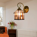 Bedroom Hanging House Wall Sconce Art Glass 1 Head Tiffany Creative Wall Light with Curved Arm in Brass Clear Clearhalo 'Industrial' 'Middle century wall lights' 'Tiffany wall lights' 'Tiffany' 'Wall Lamps & Sconces' 'Wall Lights' Lighting' 179187
