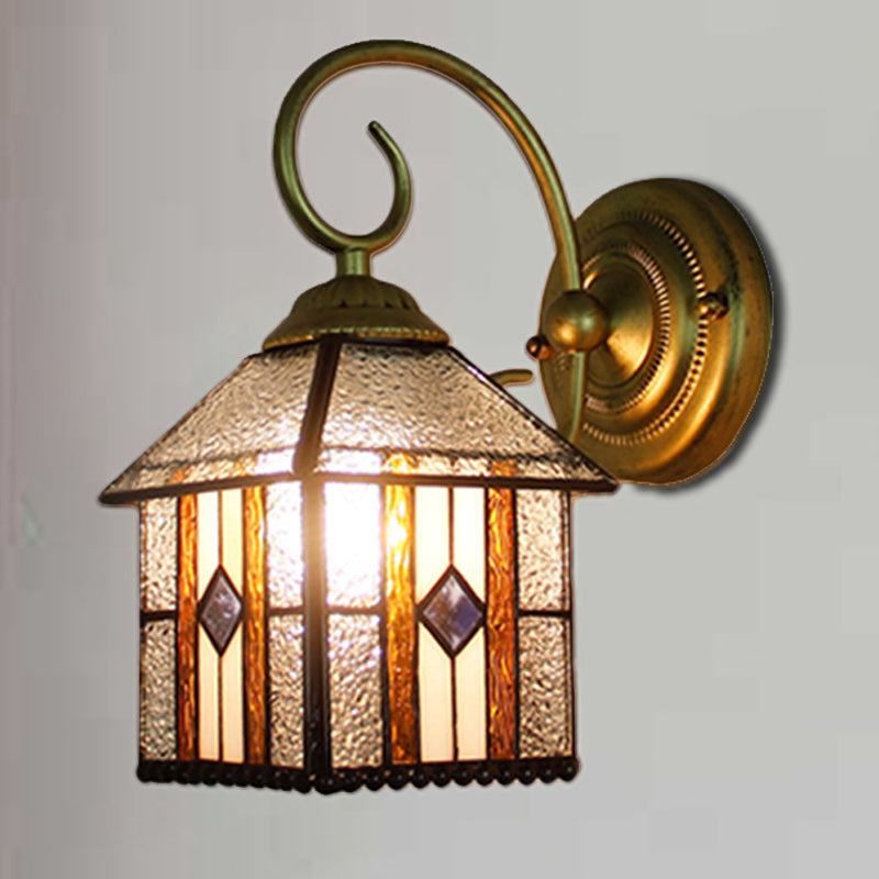 Bedroom Hanging House Wall Sconce Art Glass 1 Head Tiffany Creative Wall Light with Curved Arm in Brass Clearhalo 'Industrial' 'Middle century wall lights' 'Tiffany wall lights' 'Tiffany' 'Wall Lamps & Sconces' 'Wall Lights' Lighting' 179188