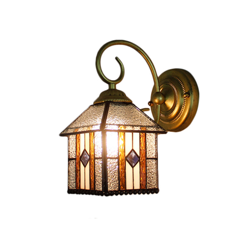 Bedroom Hanging House Wall Sconce Art Glass 1 Head Tiffany Creative Wall Light with Curved Arm in Brass Clearhalo 'Industrial' 'Middle century wall lights' 'Tiffany wall lights' 'Tiffany' 'Wall Lamps & Sconces' 'Wall Lights' Lighting' 179189