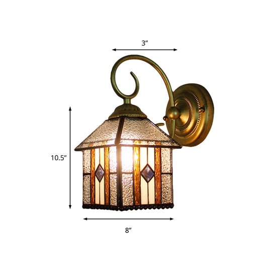 Bedroom Hanging House Wall Sconce Art Glass 1 Head Tiffany Creative Wall Light with Curved Arm in Brass Clearhalo 'Industrial' 'Middle century wall lights' 'Tiffany wall lights' 'Tiffany' 'Wall Lamps & Sconces' 'Wall Lights' Lighting' 179190
