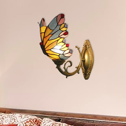 Tiffany Creative Wall Light Butterfly 1 Light Stained Glass Sconce Light for Kid Bedroom Brass Clearhalo 'Industrial' 'Middle century wall lights' 'Tiffany wall lights' 'Tiffany' 'Wall Lamps & Sconces' 'Wall Lights' Lighting' 179199