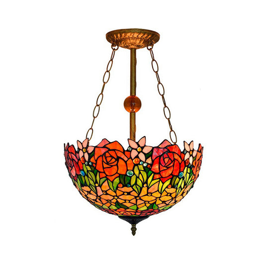 Tiffany Rustic Blossom Ceiling Lamp Stained Glass Inverted Semi Flush Ceiling Light in Orange-Red Clearhalo 'Ceiling Lights' 'Close To Ceiling Lights' 'Close to ceiling' 'Glass shade' 'Glass' 'Pendant Lights' 'Semi-flushmount' 'Tiffany close to ceiling' 'Tiffany' Lighting' 179206