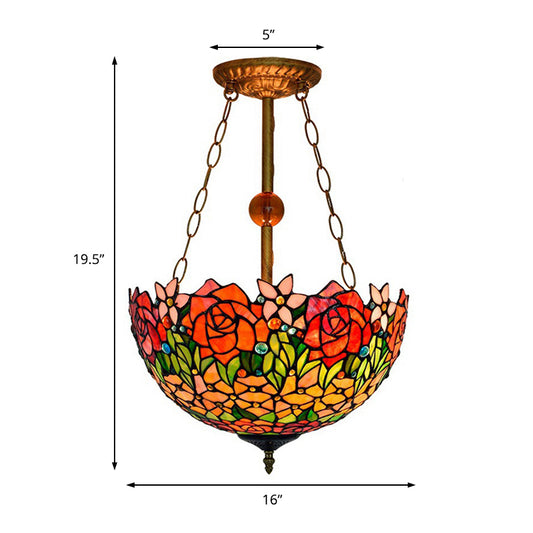 Tiffany Rustic Blossom Ceiling Lamp Stained Glass Inverted Semi Flush Ceiling Light in Orange-Red Clearhalo 'Ceiling Lights' 'Close To Ceiling Lights' 'Close to ceiling' 'Glass shade' 'Glass' 'Pendant Lights' 'Semi-flushmount' 'Tiffany close to ceiling' 'Tiffany' Lighting' 179207