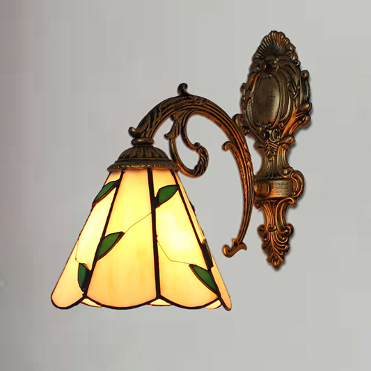Leaf Corridor Sconce Light with Carved Base Glass 1 Light Tiffany Wall Sconce in Beige Clearhalo 'Industrial' 'Middle century wall lights' 'Tiffany wall lights' 'Tiffany' 'Wall Lamps & Sconces' 'Wall Lights' Lighting' 179209