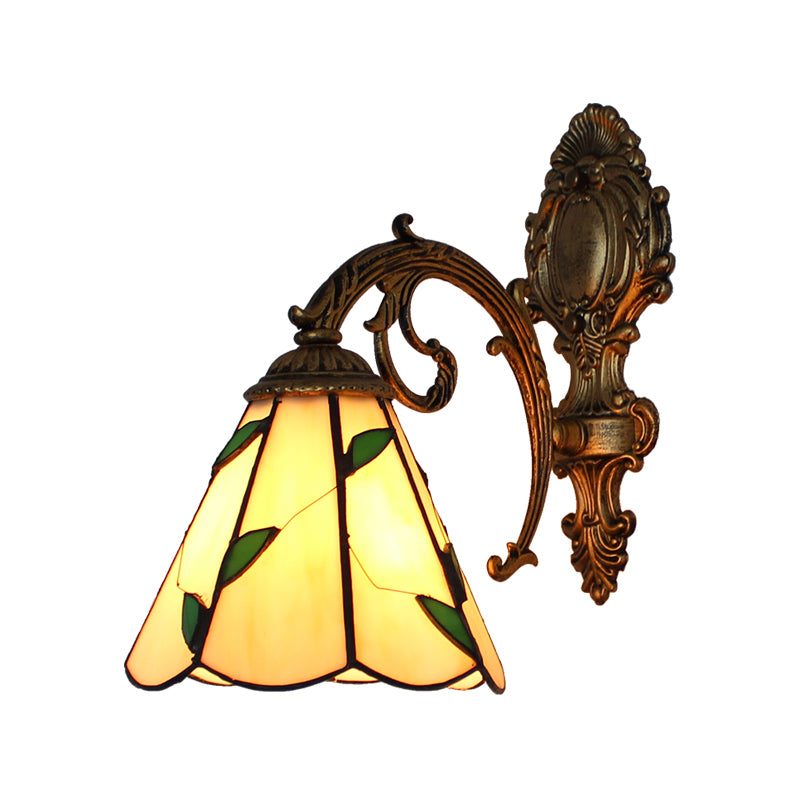 Leaf Corridor Sconce Light with Carved Base Glass 1 Light Tiffany Wall Sconce in Beige Clearhalo 'Industrial' 'Middle century wall lights' 'Tiffany wall lights' 'Tiffany' 'Wall Lamps & Sconces' 'Wall Lights' Lighting' 179210