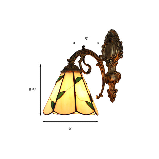 Leaf Corridor Sconce Light with Carved Base Glass 1 Light Tiffany Wall Sconce in Beige Clearhalo 'Industrial' 'Middle century wall lights' 'Tiffany wall lights' 'Tiffany' 'Wall Lamps & Sconces' 'Wall Lights' Lighting' 179211